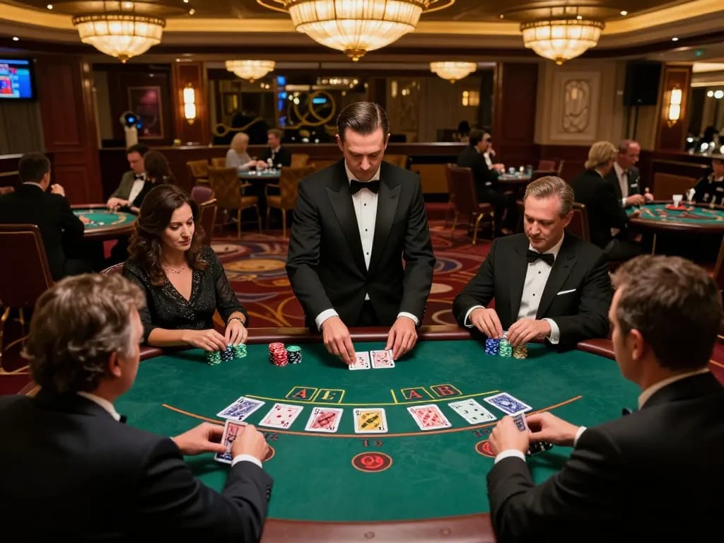 Engaged players strategizing at a blackjack table in a luxurious casino featuring da88 gameplay elements