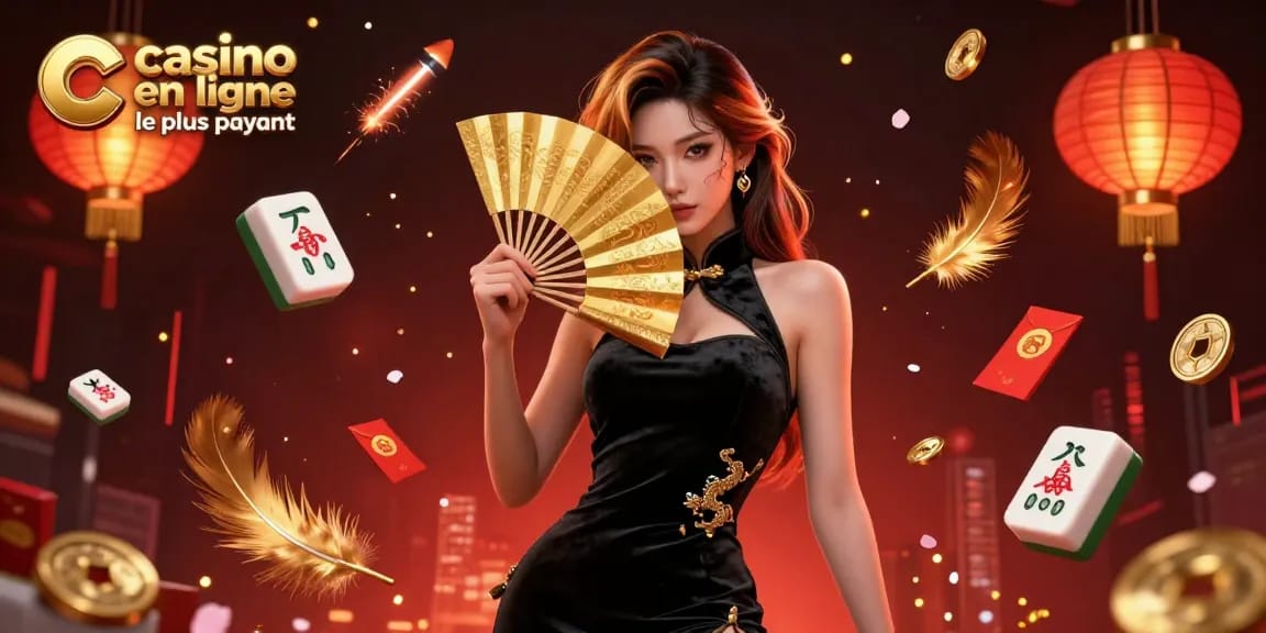 Engage with the ultimate gaming experience at casino en ligne le plus payant, featuring stunning visuals of a captivating Asian woman amongst dynamic casino elements.