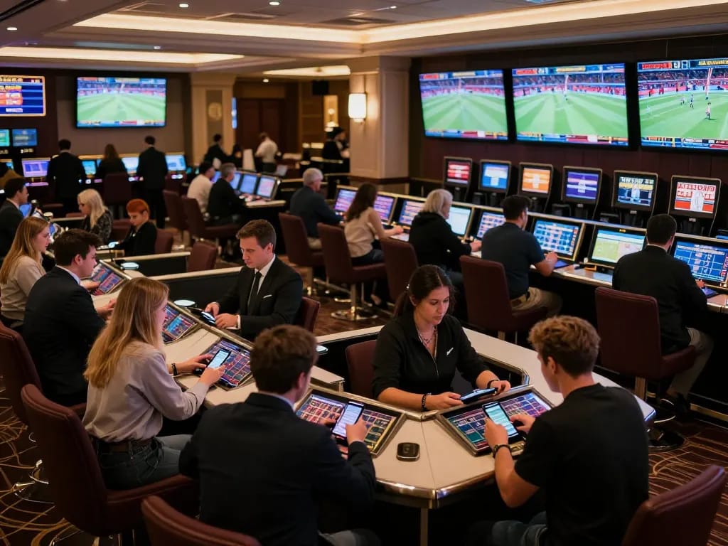 Exciting scene capturing bettors using the nhà cái 8xbet app in a lively sports betting venue filled with screens and activity.