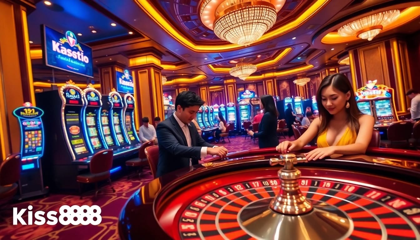 Kiss888 online casino scene showcasing players engaging with slot machines and live dealer games.