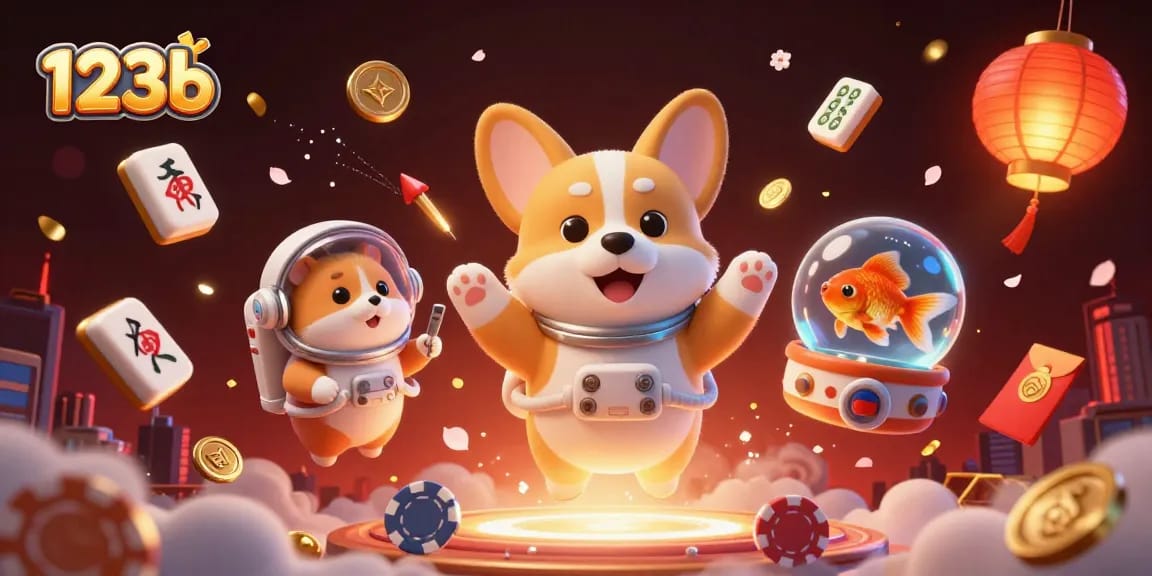 Engage in exciting gaming moments at 123b featuring a floating corgi and vibrant casino elements.