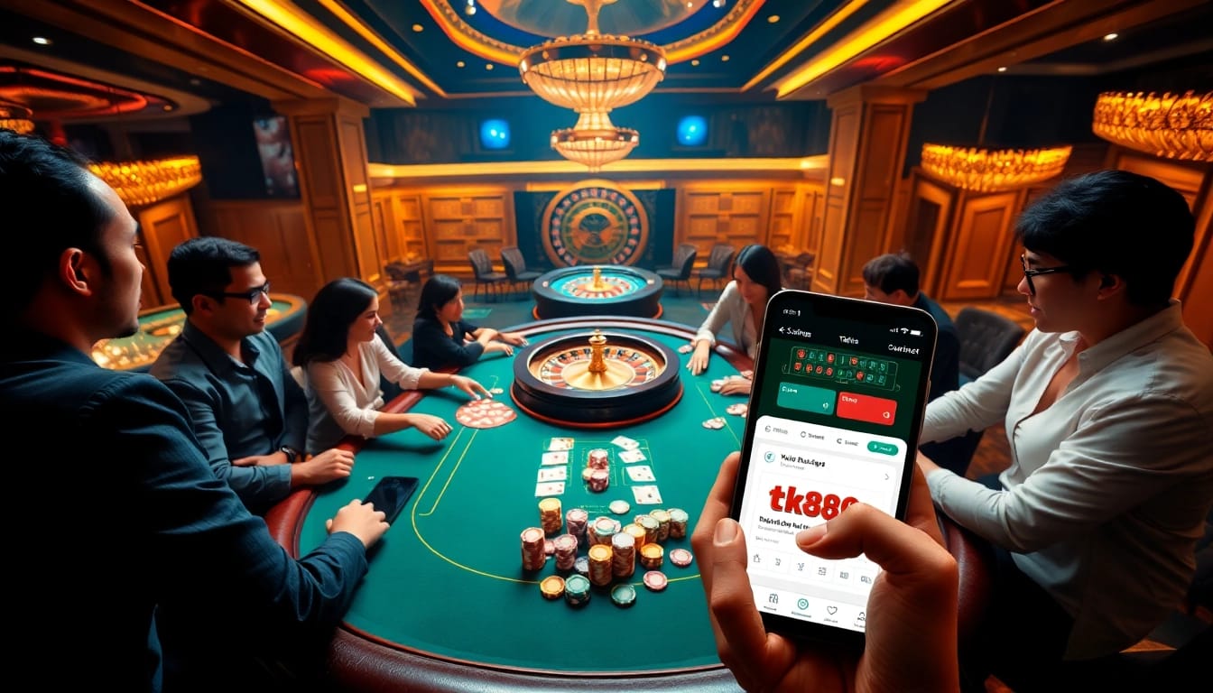 Players enjoying a poker game at tk88 with vibrant chips and a lively atmosphere.