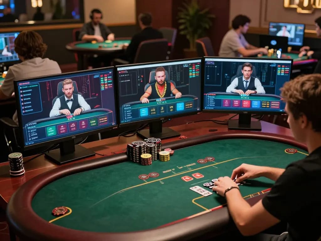 Players engaging in a live online poker game at lc888, showcasing dynamic gameplay and strategic interactions.