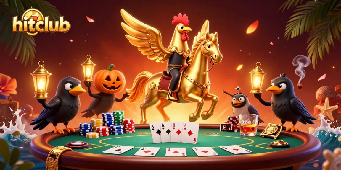 Hitclub illuminates poker strategy with a golden rooster in a vibrant midnight casino scene.