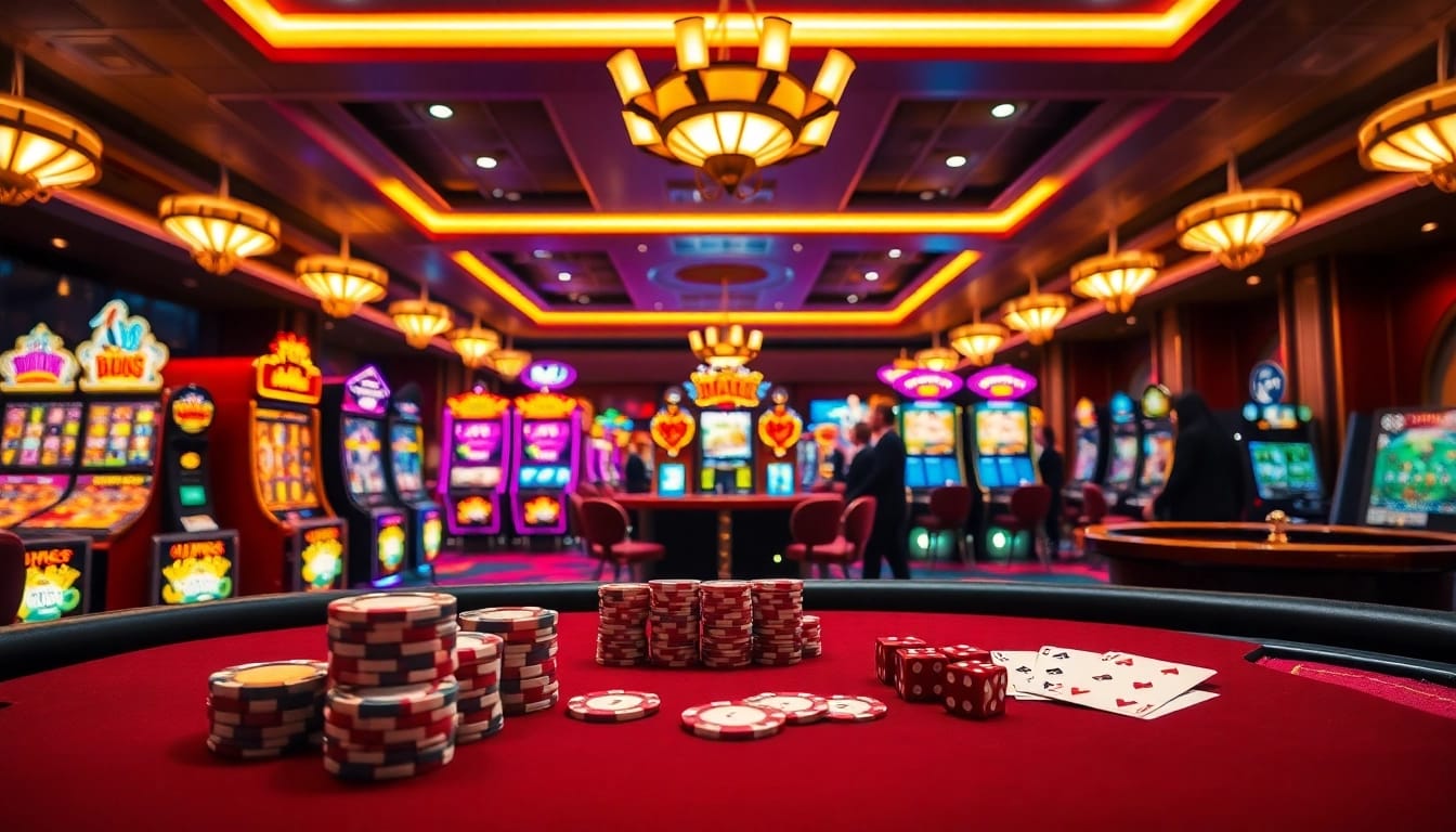 Experience thrilling gameplay at lego138 with vibrant casino elements like slot machines and poker tables.