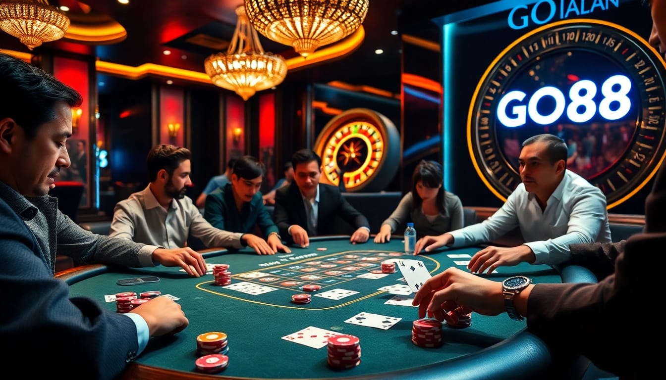 A high-stakes poker game scene at Nhà Cái GO88 featuring players, vibrant chips, and elegant ambiance.