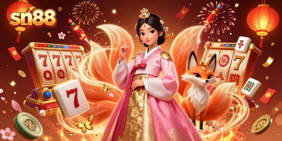 Experience thrilling slots action with sn88, featuring a vibrant scene of a lucky fox and elegant woman.
