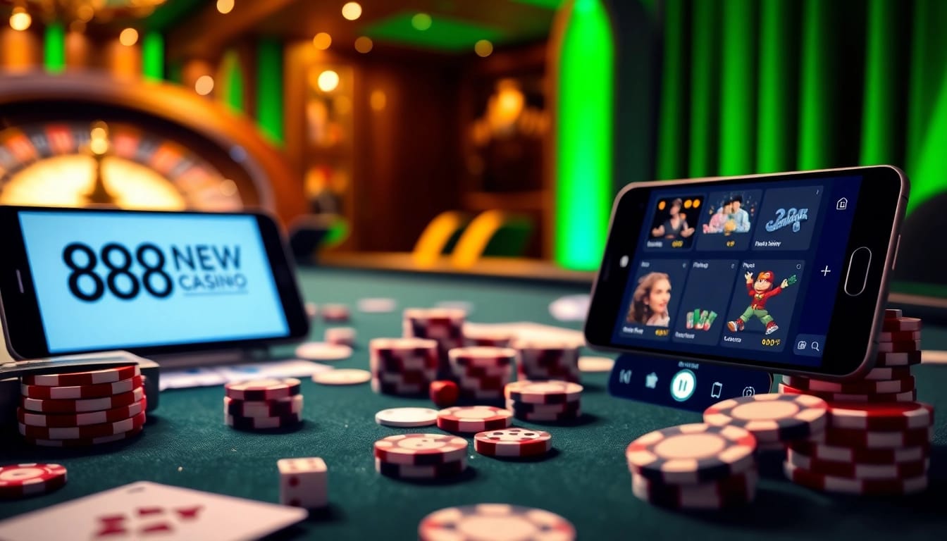 Experience the thrill of winning at 888NEW's modern casino table with poker chips and cards.