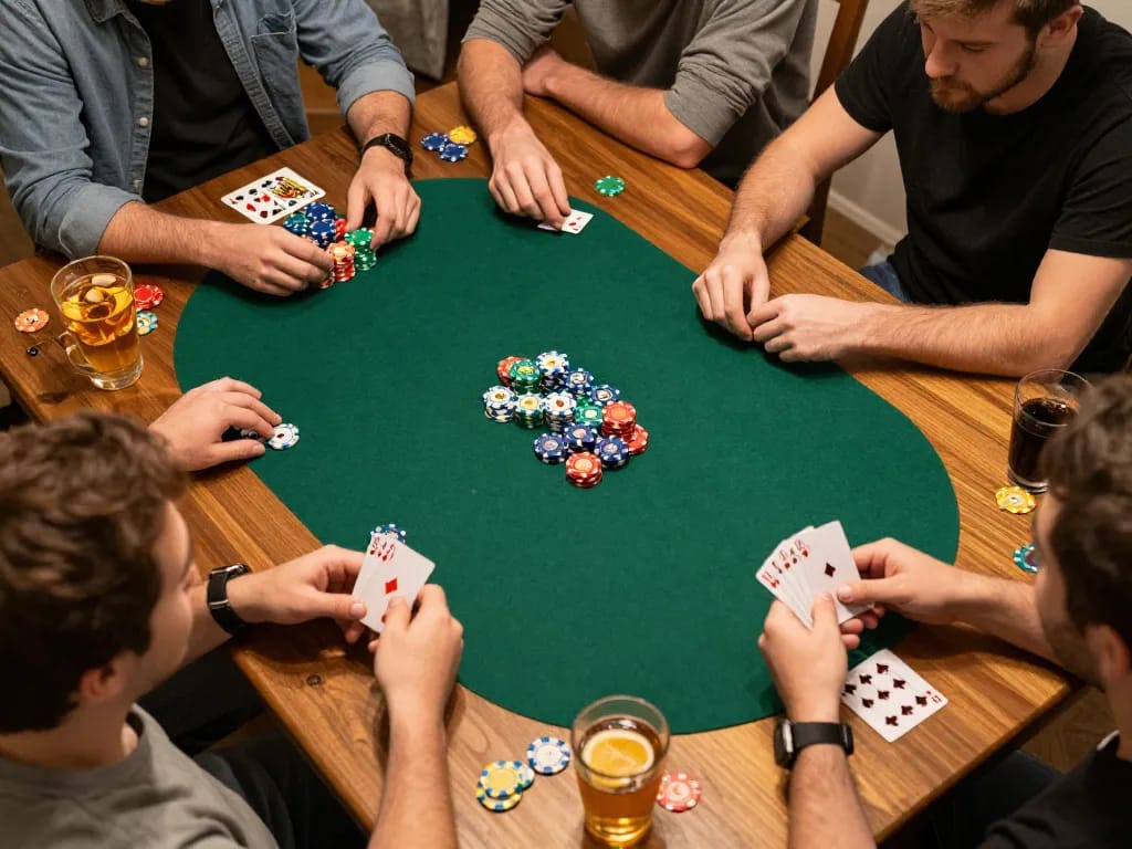 Friends engaging in a thrilling poker game at home, capturing the excitement of O8 casino nights.