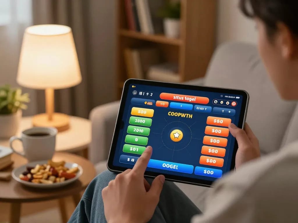 permainan situs togel di tablet dengan pemain fokus pada opsi taruhan dan suasana rumah yang hangat