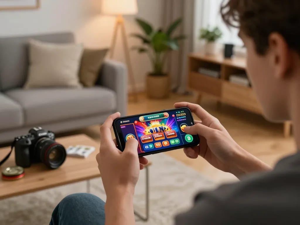Player enjoying thrilling mobile gaming experience on 789 f in a cozy home setting