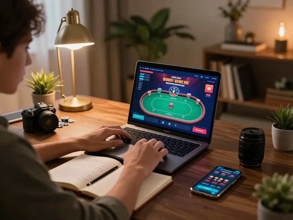 Engaging in strategic gameplay at nk88 trang chủ with poker game on laptop and betting app.