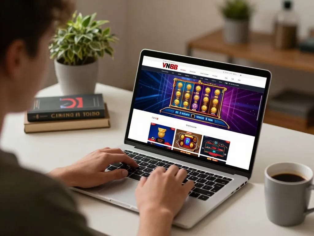 Engaging online gaming experience at VN88, showcasing thrilling casino games on a laptop screen during cozy home session.