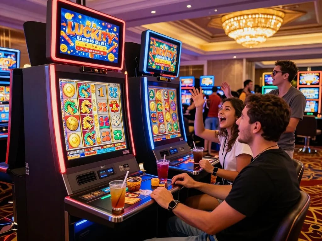 Friends engaging excitedly at the Lucky 88 slot machine in a lively casino environment, showcasing the thrill of social gaming.