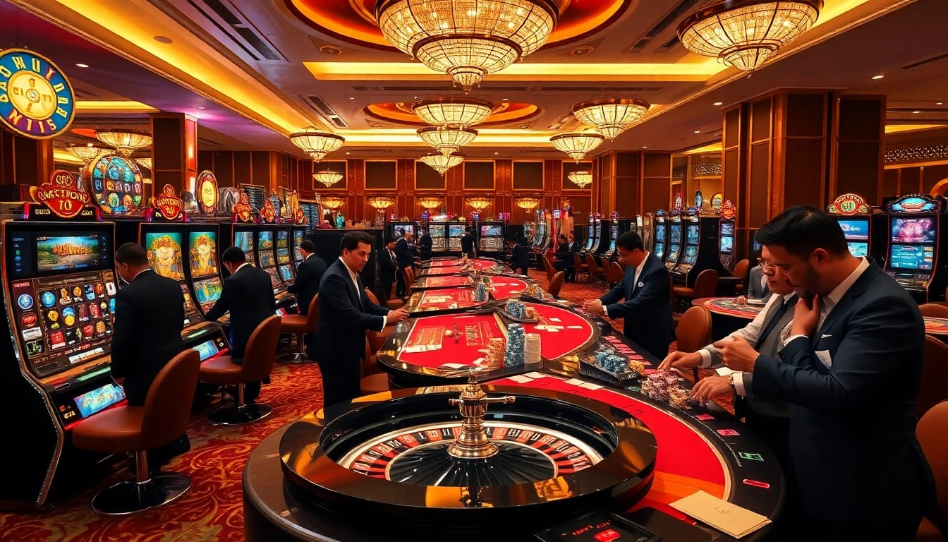 Soi cầu 247 strategy at a vibrant casino filled with slot machines and poker tables.