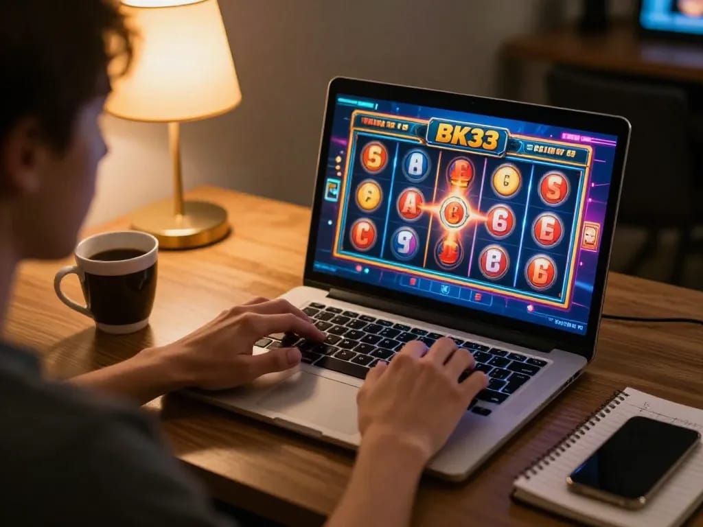 Player engaged in BK33 online casino gaming with vibrant slot reels on laptop screen