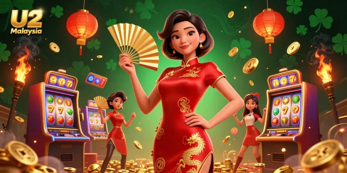 Engage with U2 Malaysia's exciting slot games while enjoying a vibrant casino illustration.