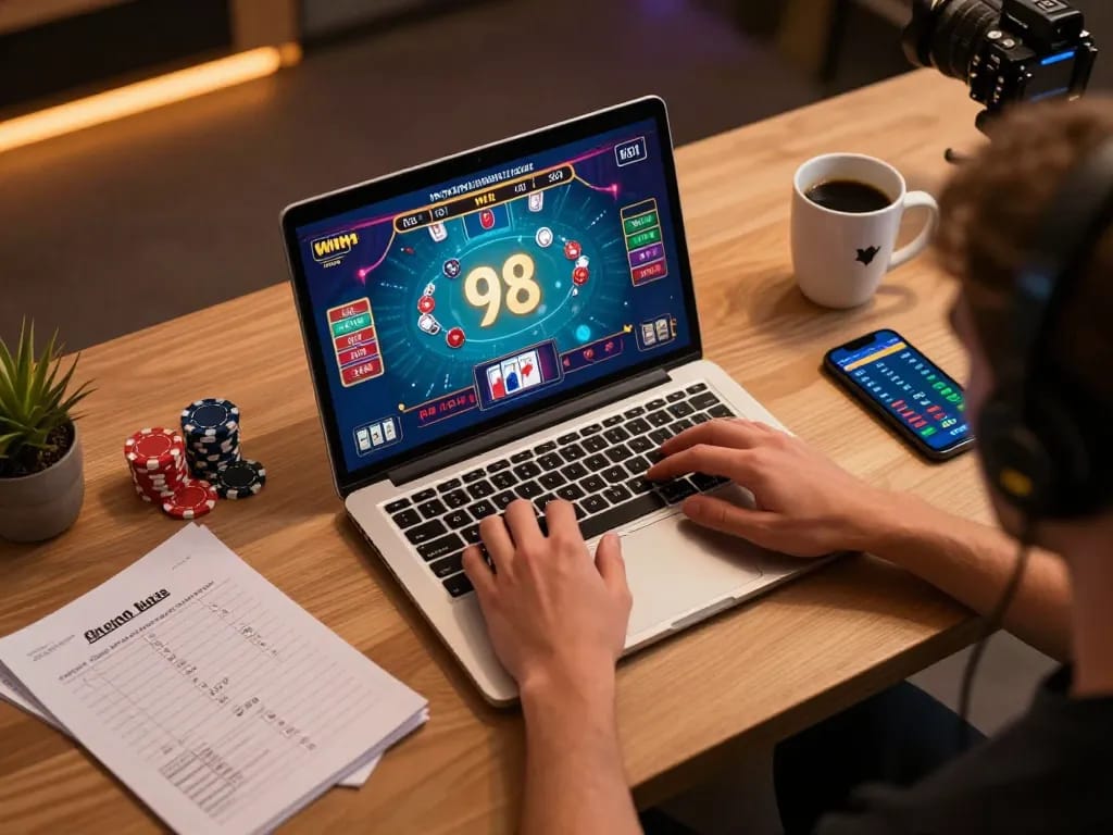 Engaging in strategic gameplay at 98 win's online casino interface with warm lighting and gaming notes.