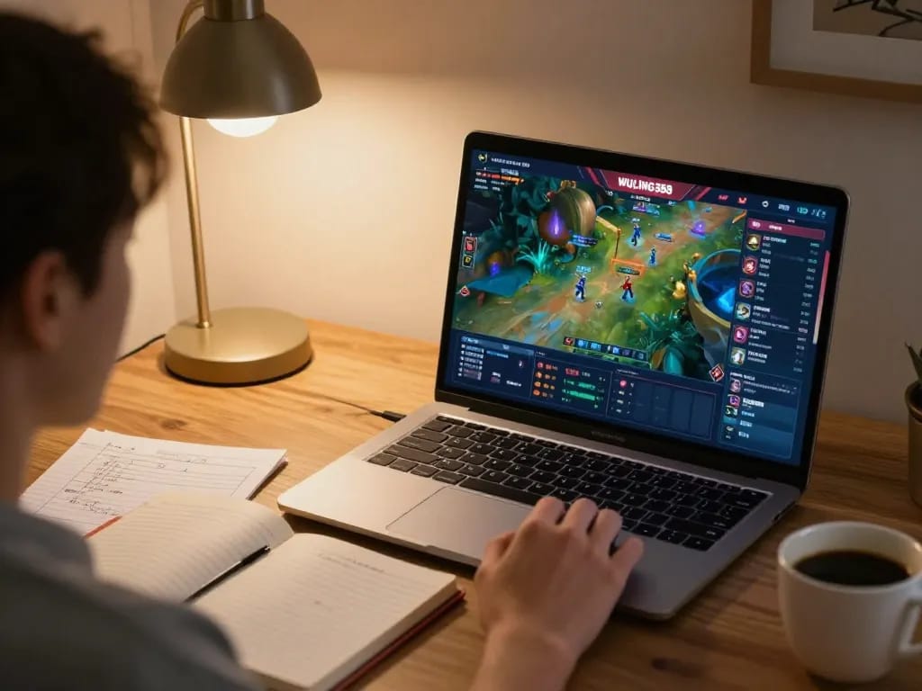 Mengikuti pengalaman permainan online WULING388 dari rumah dengan laptop dan catatan strategis.