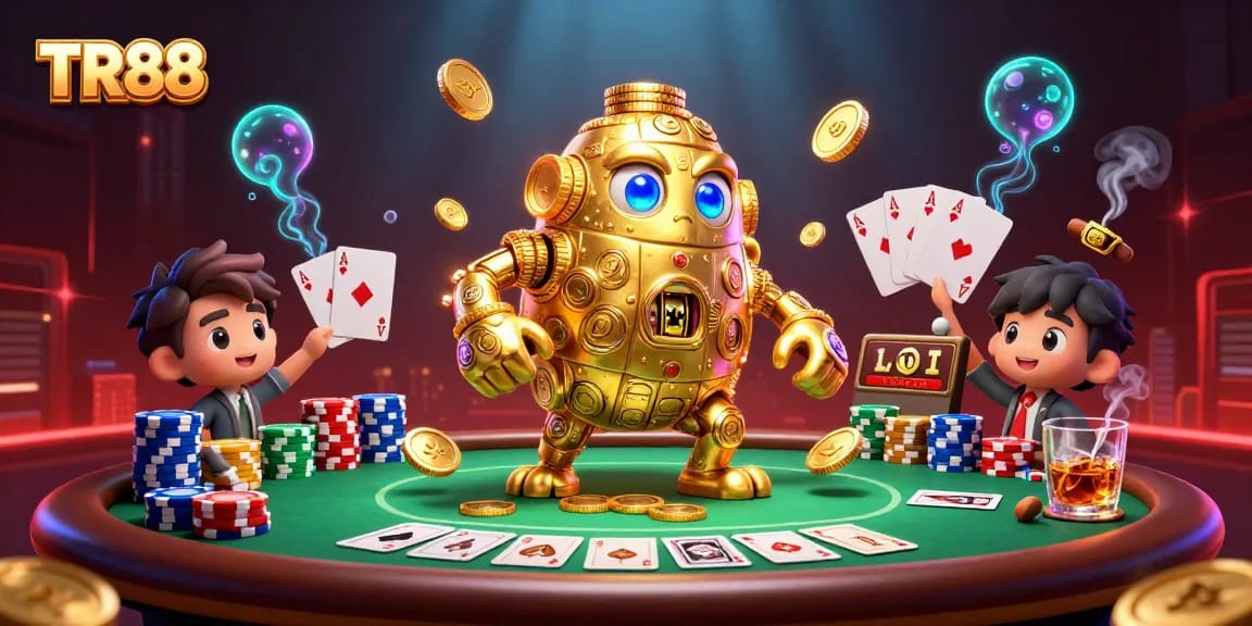 Spin the reels at TR88 with a vibrant golem made of coins, surrounded by poker chips and glowing effects.