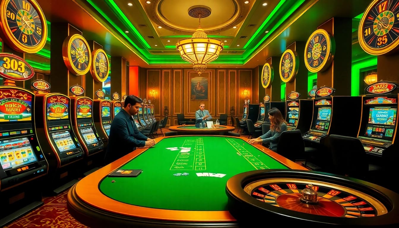 Engage in thrilling gaming experiences at 33WIN trang chủ with vibrant casino elements like tables, chips, and cards.