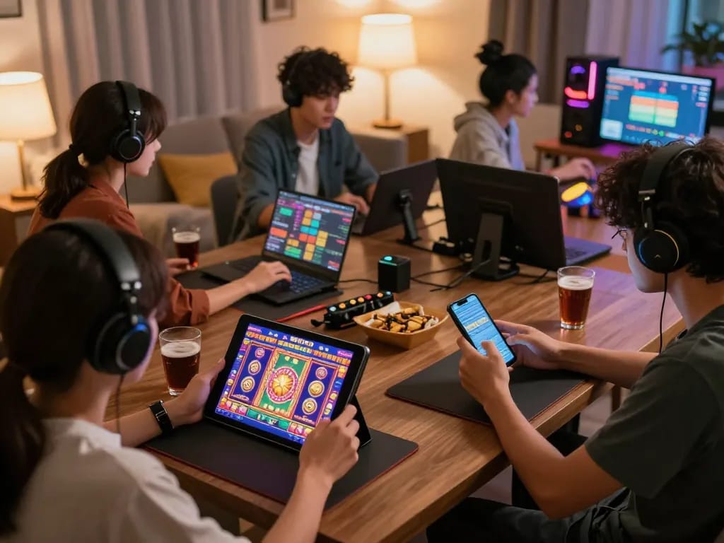 Situs slot gacor gaming session at home with players engaged on devices showcasing vibrant slot games.