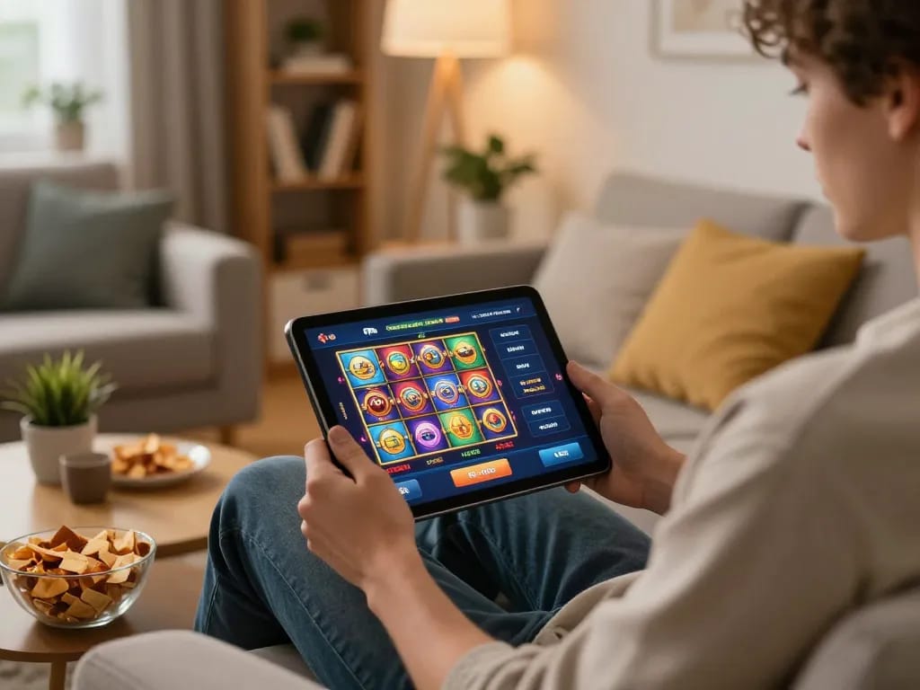 Engaging with the f168 mobile casino app in a cozy home setting with vibrant slot machines.