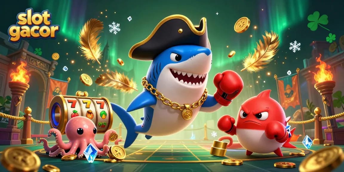 Engage with slot gacor excitement featuring a charming shark, boxing pufferfish, and a coin-holding octopus.