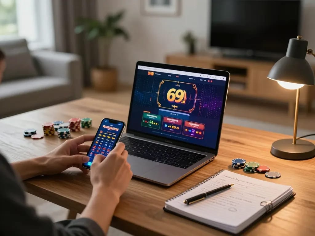 Engaging scene of a player using 69vn for online betting in a cozy home gaming environment