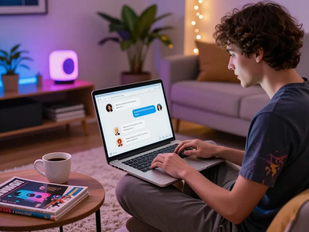 Interactive porn AI chat experience in a cozy living room with user engaging on laptop while enjoying coffee.