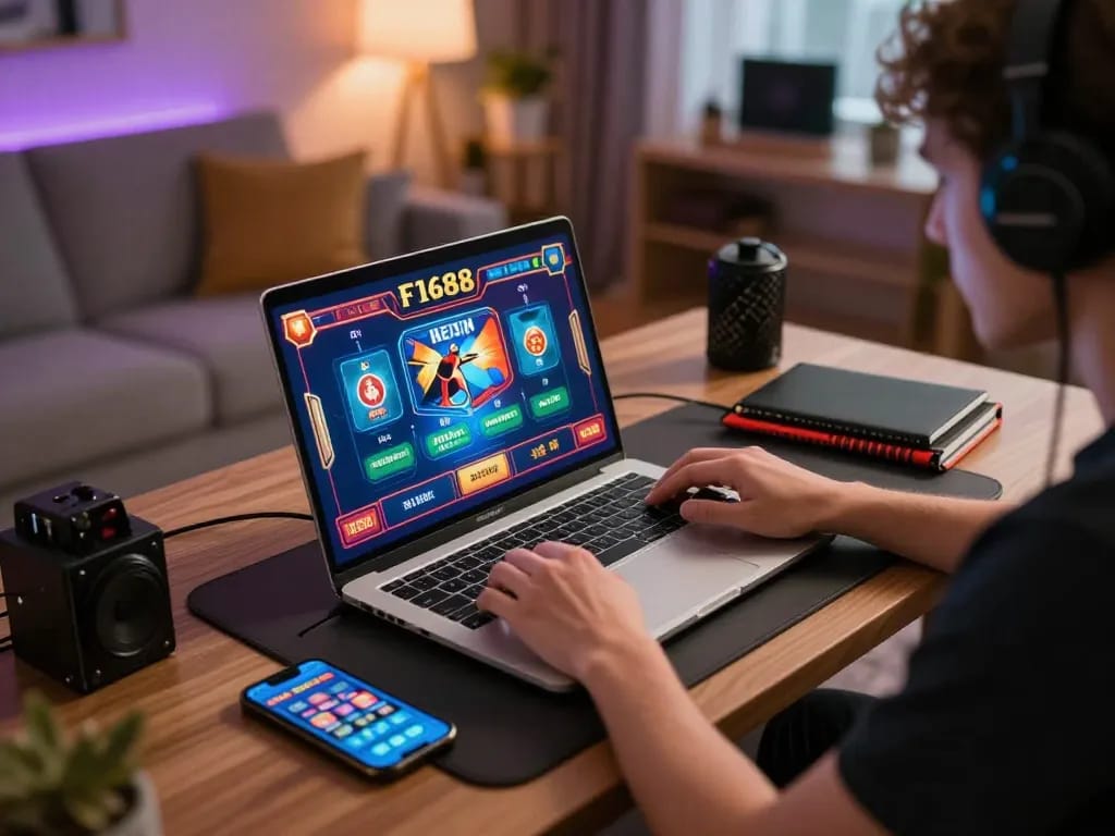 Player enjoying F168 casino games on a laptop in a cozy home setting, highlighting online gambling experience