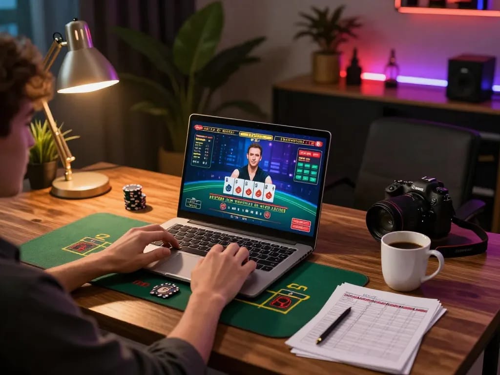 Strategi permainan KING55 dalam aksi di laptop selama sesi blackjack online yang menarik.