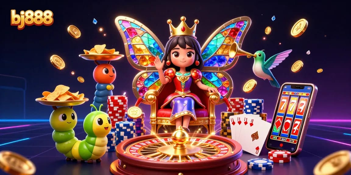 Experience excitement at bj888 with a vibrant scene featuring a butterfly queen, chips, and a roulette wheel.
