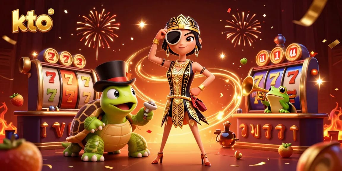 Bet on success with the vibrant kto casino scene, featuring dynamic slot elements and festive confetti.