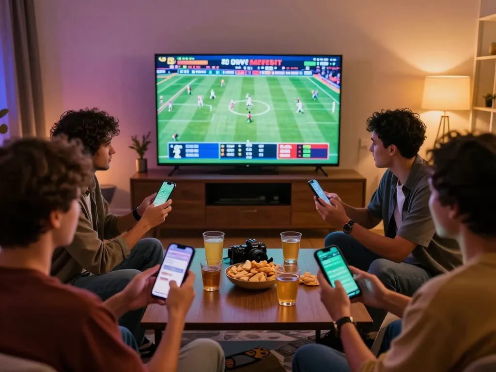 Friends enjoying the debet betting experience while watching live sports events.