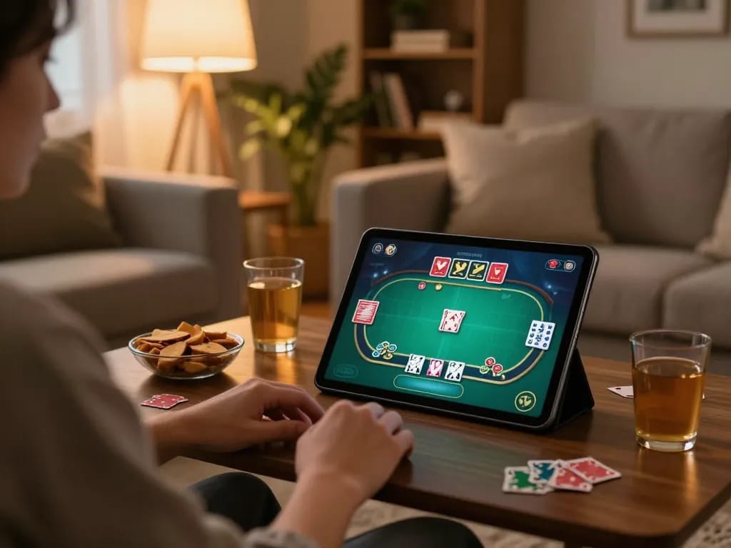 Go89 online player enjoying poker gameplay on tablet in cozy home environment.