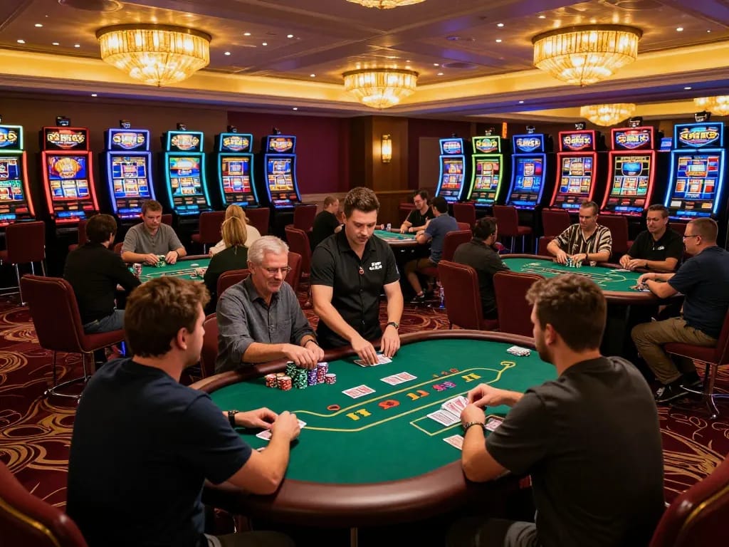 Pemain menikmati permainan poker yang mengasyikkan di kasino KING55 dengan dekorasi yang cerah dan suasana yang dinamis.