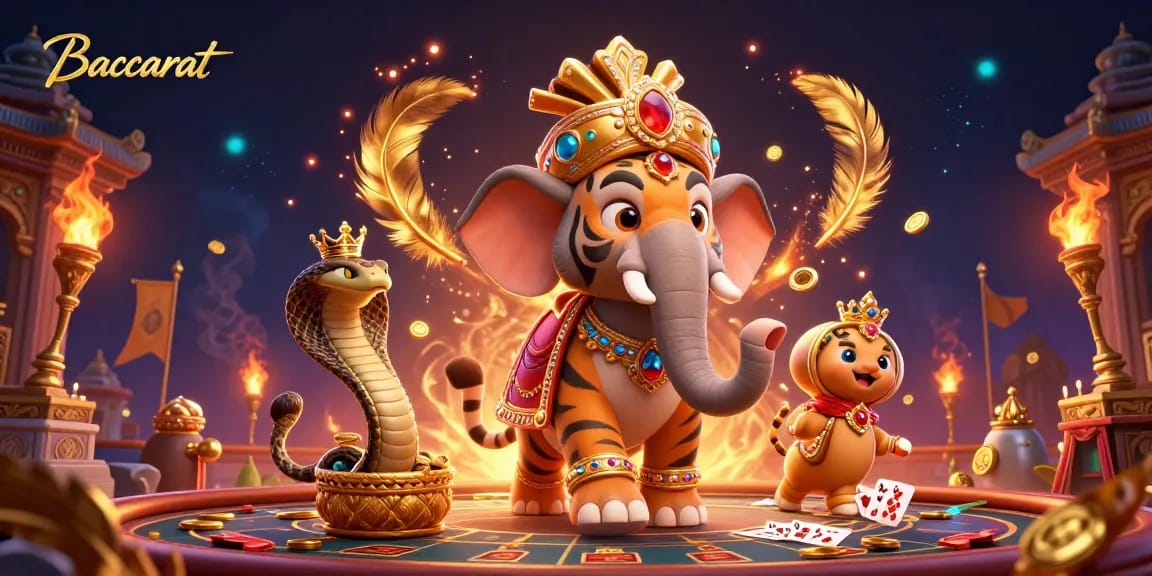 Play baccarat in a vibrant 3D scene with a maharaja tiger and jewel-encrusted elements.