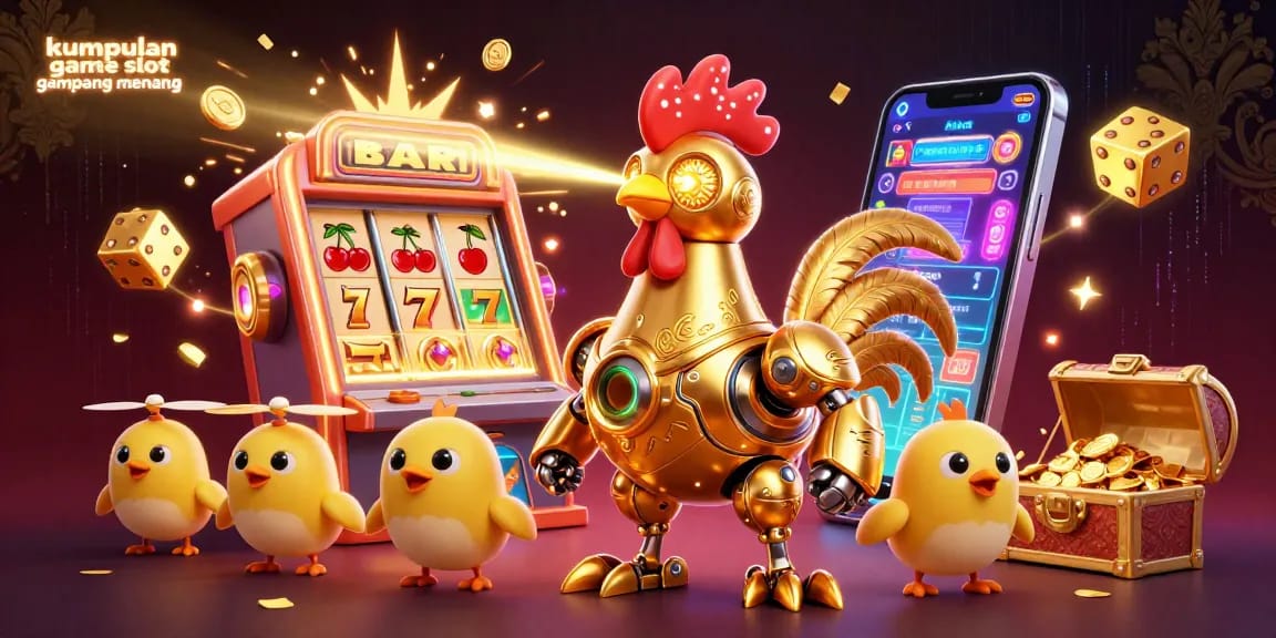 A dynamic illustration showcases kumpulan game slot gampang menang with vibrant 3D characters, bursting slot machines, and rewarding symbols.