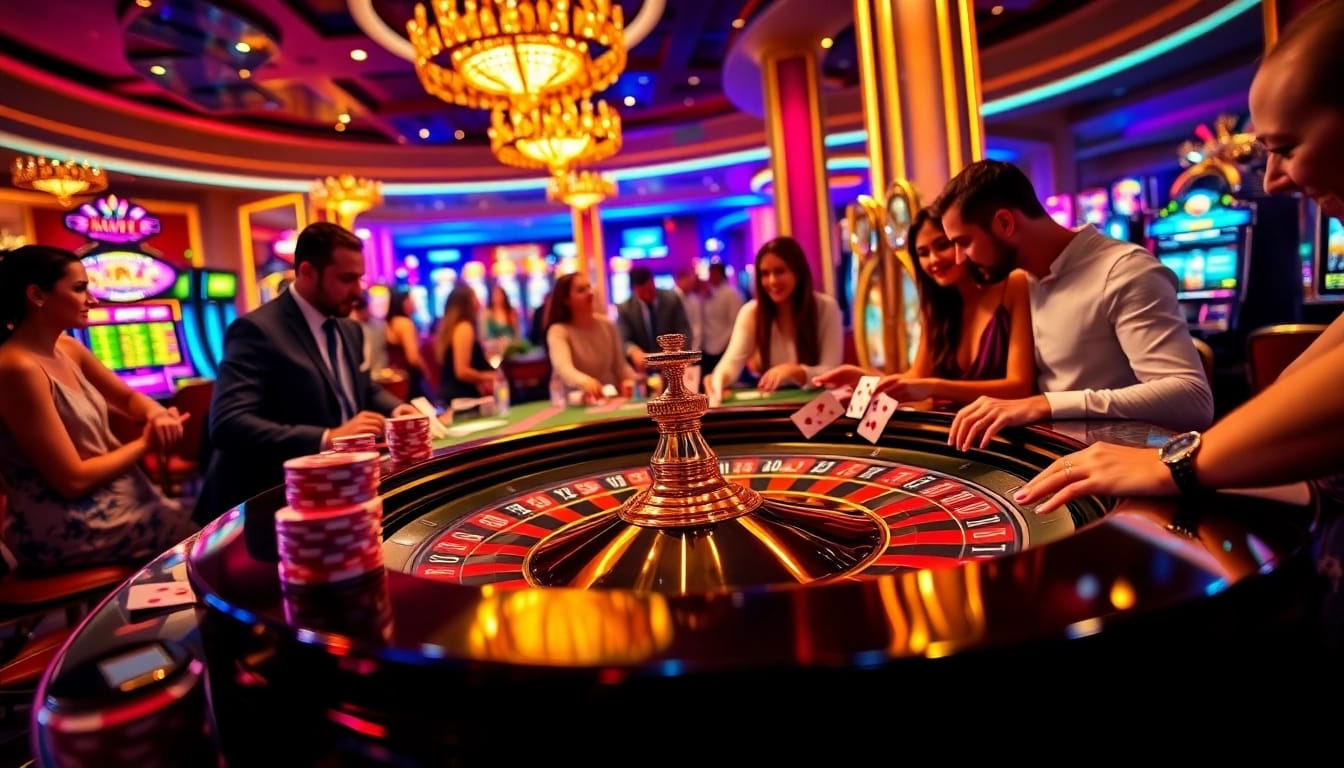 Experience the thrilling excitement of gambling at RIKVIP with lively players and vibrant casino elements.