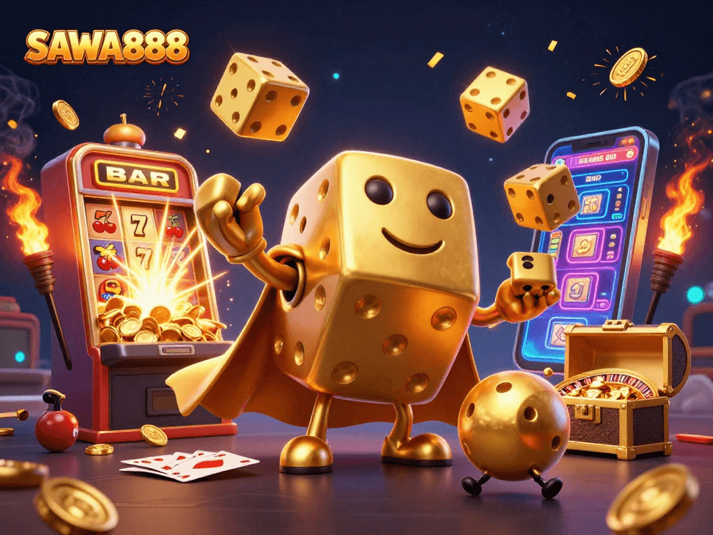 Engage with SAWA888 in a vibrant, dynamic casino scene featuring golden dice and a jackpot explosion.
