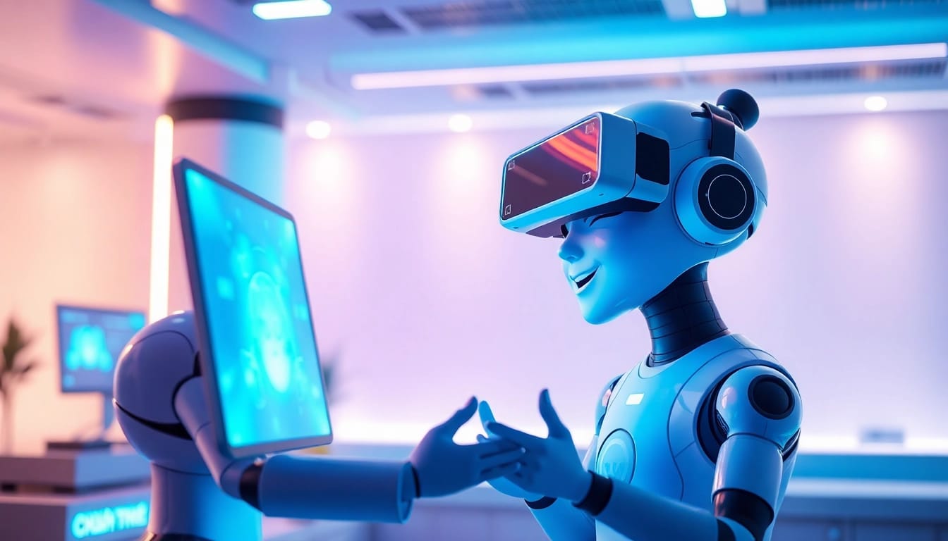 Engaging AI interaction scene showcasing crush on ai with a digital character and user in a vibrant, futuristic setting.