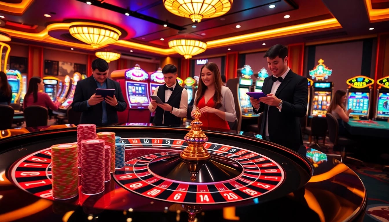I9bet online casino scene with vibrant roulette table, poker interaction, and slot machines.