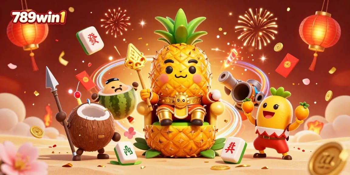 Engage with 789win1's vibrant online casino experience alongside fun characters in a festive scene!