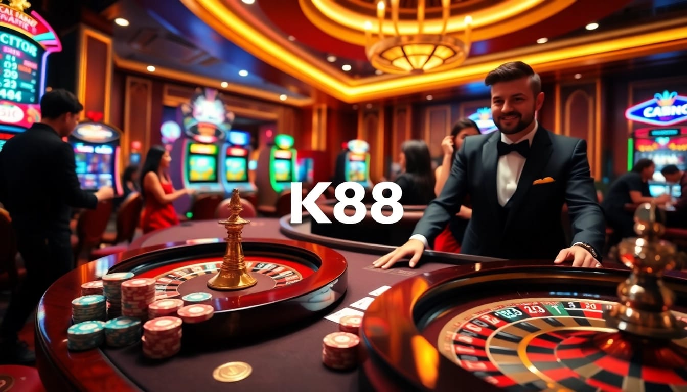K88 Casino featuring stylish dealer at a vibrant gaming table with roulette and cards.