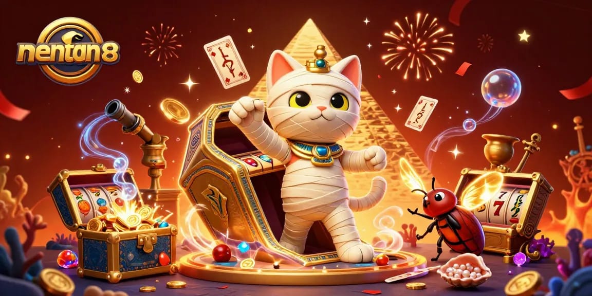 Win big at menangclub88 with a captivating Egyptian-themed casino scene filled with vibrant elements.