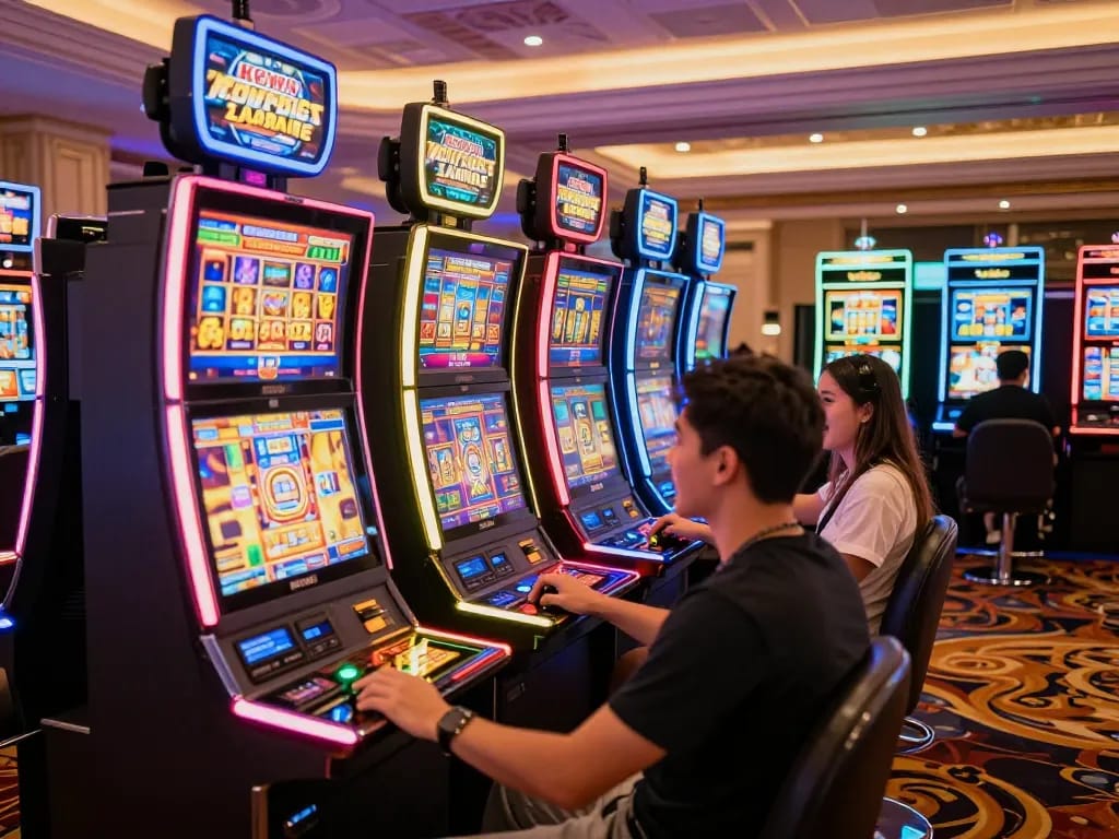 Players enjoying dynamic slot machine gaming experience at KKWWIN, bright lighting and colorful displays.