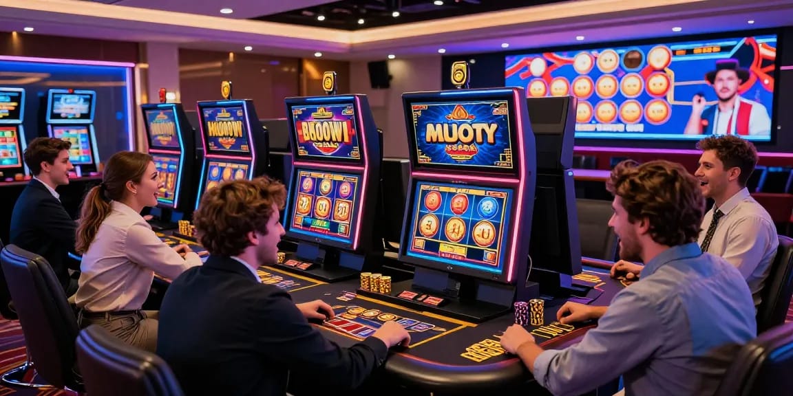 Excited players enjoying bonus buy slots at cocomaya.co.uk in a vibrant casino setting.