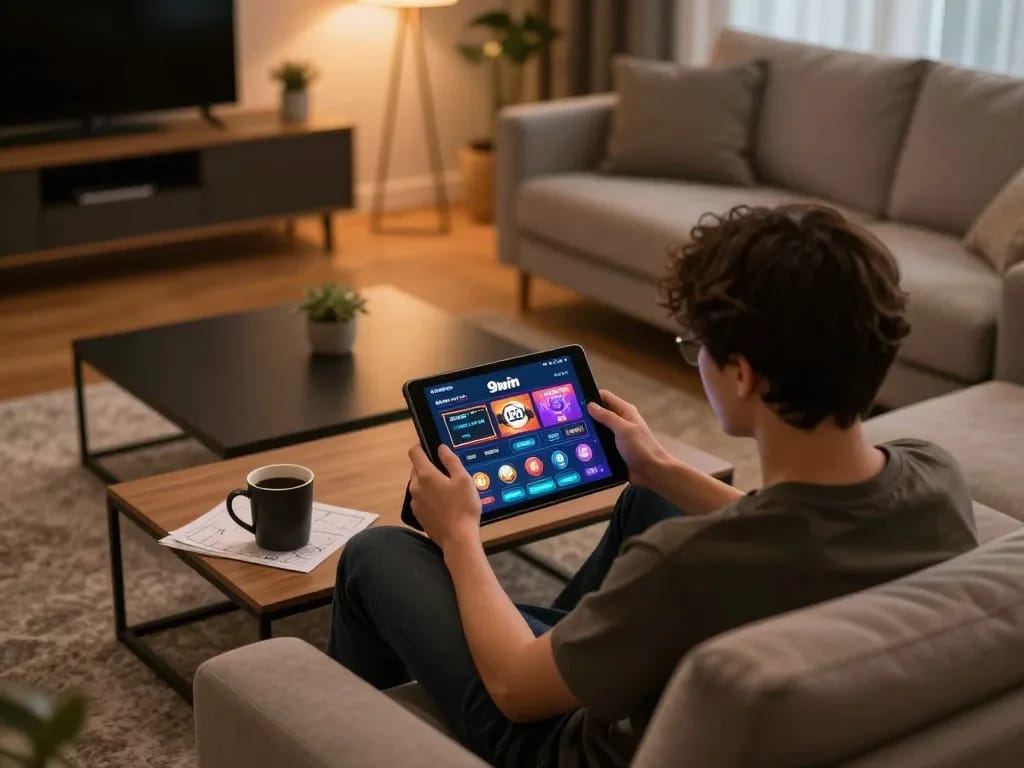 Engaging gameplay on 98win com shown on tablet in a cozy, modern home setting.
