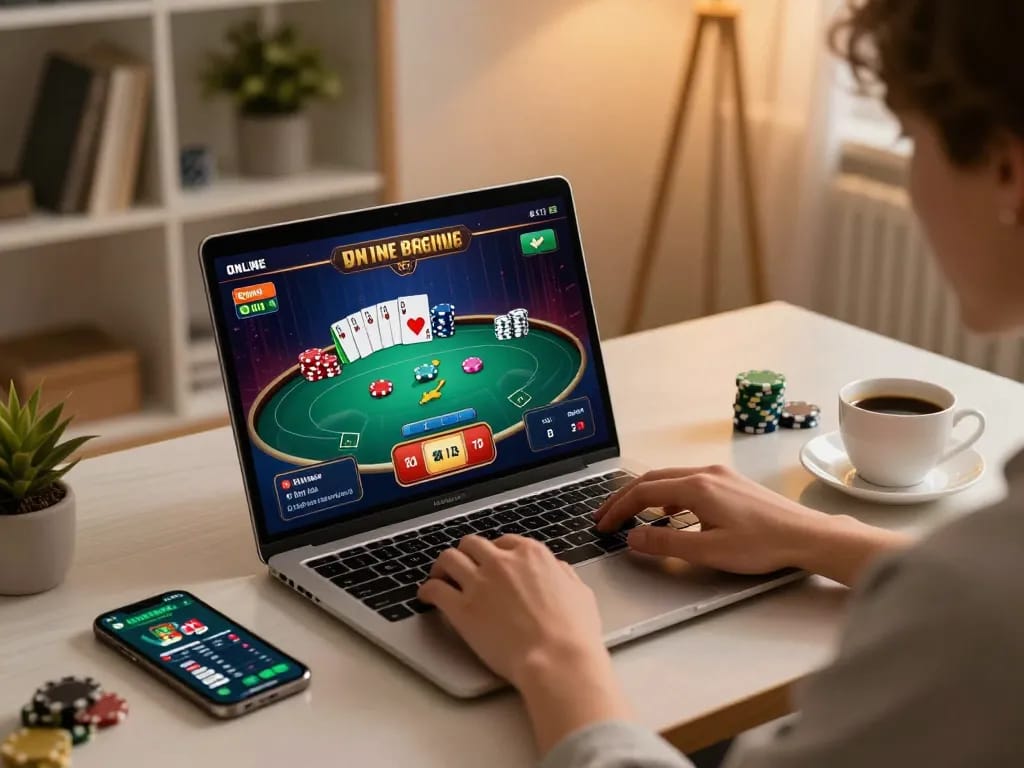 Engaging with 100VIP online casino gaming from a modern home setup, showcasing poker gameplay.